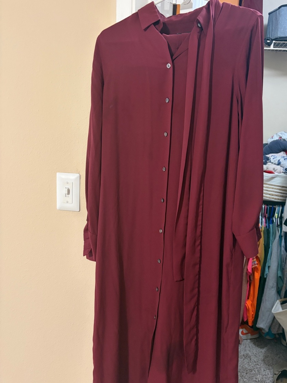 Banana Republic Burgundy Long-Sleeve Button-Front Maxi Dress with Neck Tie